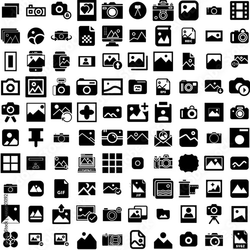 Collection Of 100 Image Icons Set Isolated Solid Silhouette Icons Including Photo, Design, Picture, Image, Vector, Web, Frame Infographic Elements Vector Illustration Logo
