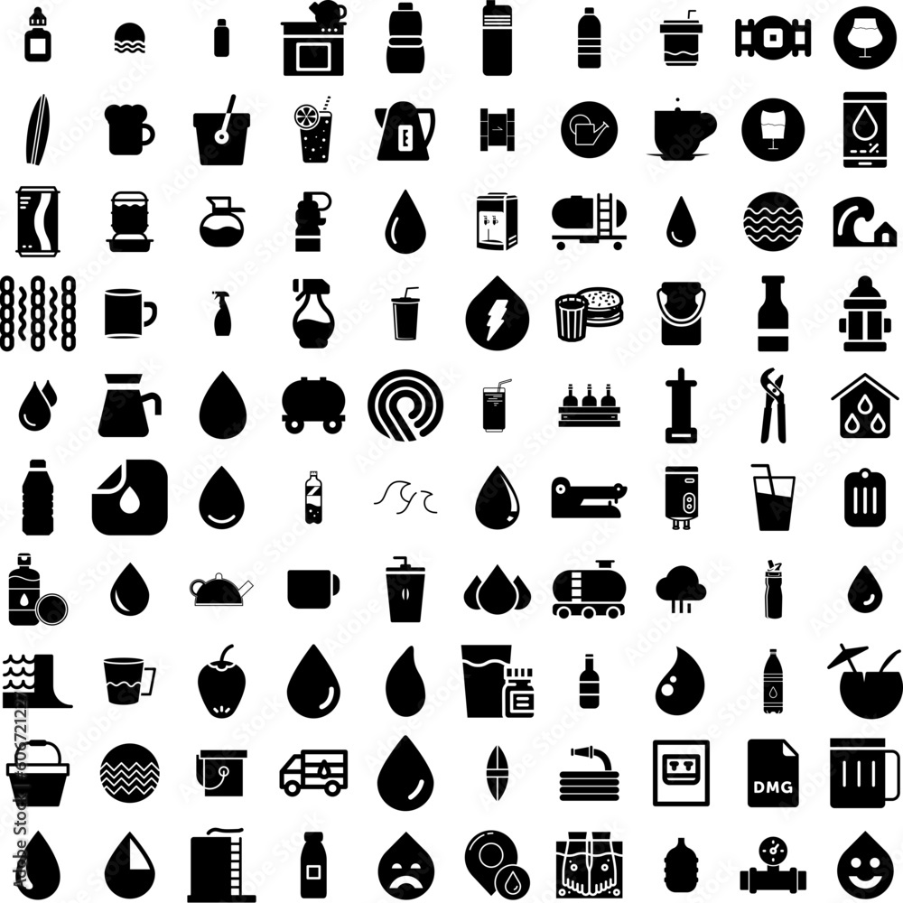 Collection Of 100 Water Icons Set Isolated Solid Silhouette Icons Including Clean, Blue, Water, Liquid, Transparent, Nature, Background Infographic Elements Vector Illustration Logo