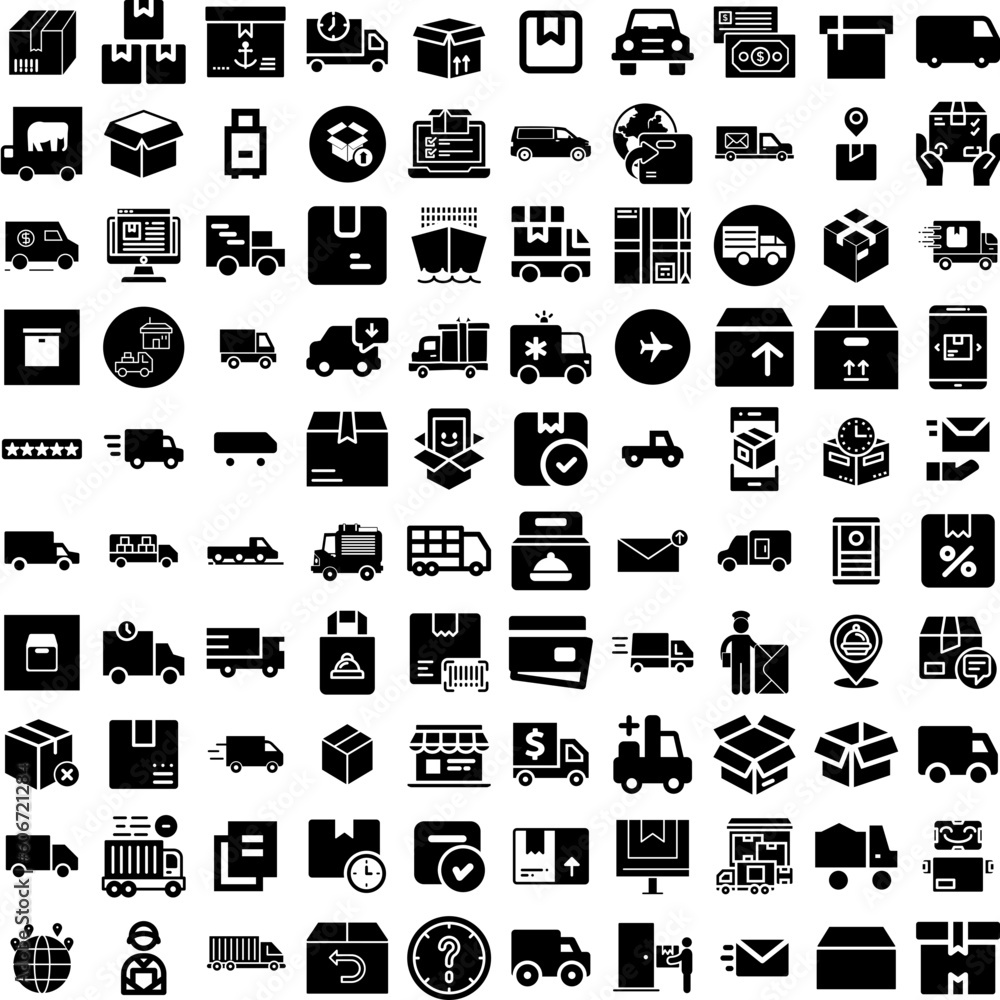 Collection Of 100 Delivery Icons Set Isolated Solid Silhouette Icons Including Transport, Courier, Order, Service, Delivery, Shipping, Fast Infographic Elements Vector Illustration Logo