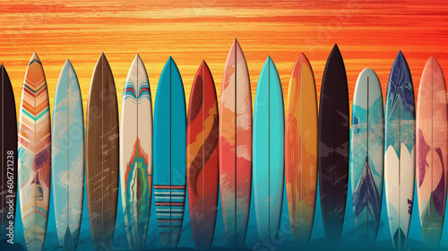 A collection of colorful surfboards In different colors and different sizes.. Summer fun on the beach theme, retro holiday design background. Generative Ai