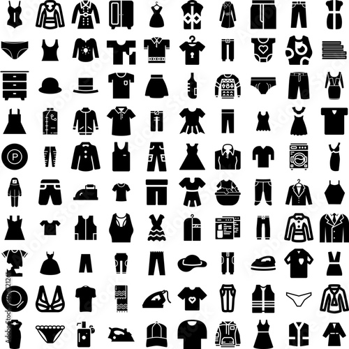 Collection Of 100 Clothes Icons Set Isolated Solid Silhouette Icons Including Clothes, Fabric, Background, Style, Clothing, Fashion, Cloth Infographic Elements Vector Illustration Logo
