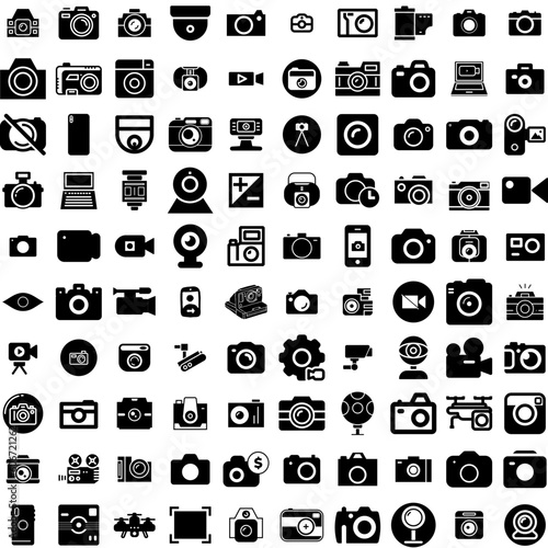 Collection Of 100 Camera Icons Set Isolated Solid Silhouette Icons Including Camera, Illustration, Photography, Lens, Digital, Equipment, Photo Infographic Elements Vector Illustration Logo