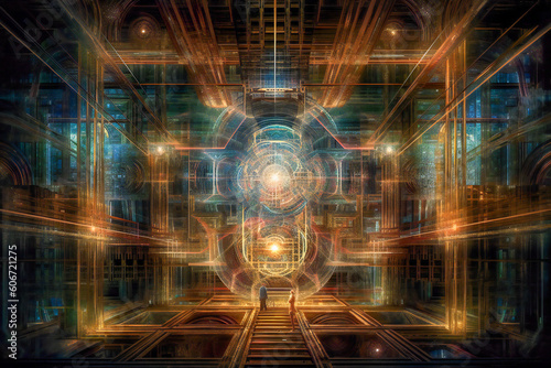Fantasy big hall in heaven or in a spiritual dimension. Deep spiritual dimensions and life after death concept. Created with Generative AI technology.
