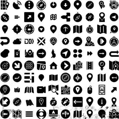 Collection Of 100 Navigation Icons Set Isolated Solid Silhouette Icons Including Compass, Navigation, Technology, Road, Travel, Map, Navigator Infographic Elements Vector Illustration Logo