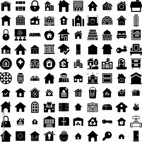 Collection Of 100 House Icons Set Isolated Solid Silhouette Icons Including Estate, Residential, House, Architecture, Home, Building, Property Infographic Elements Vector Illustration Logo