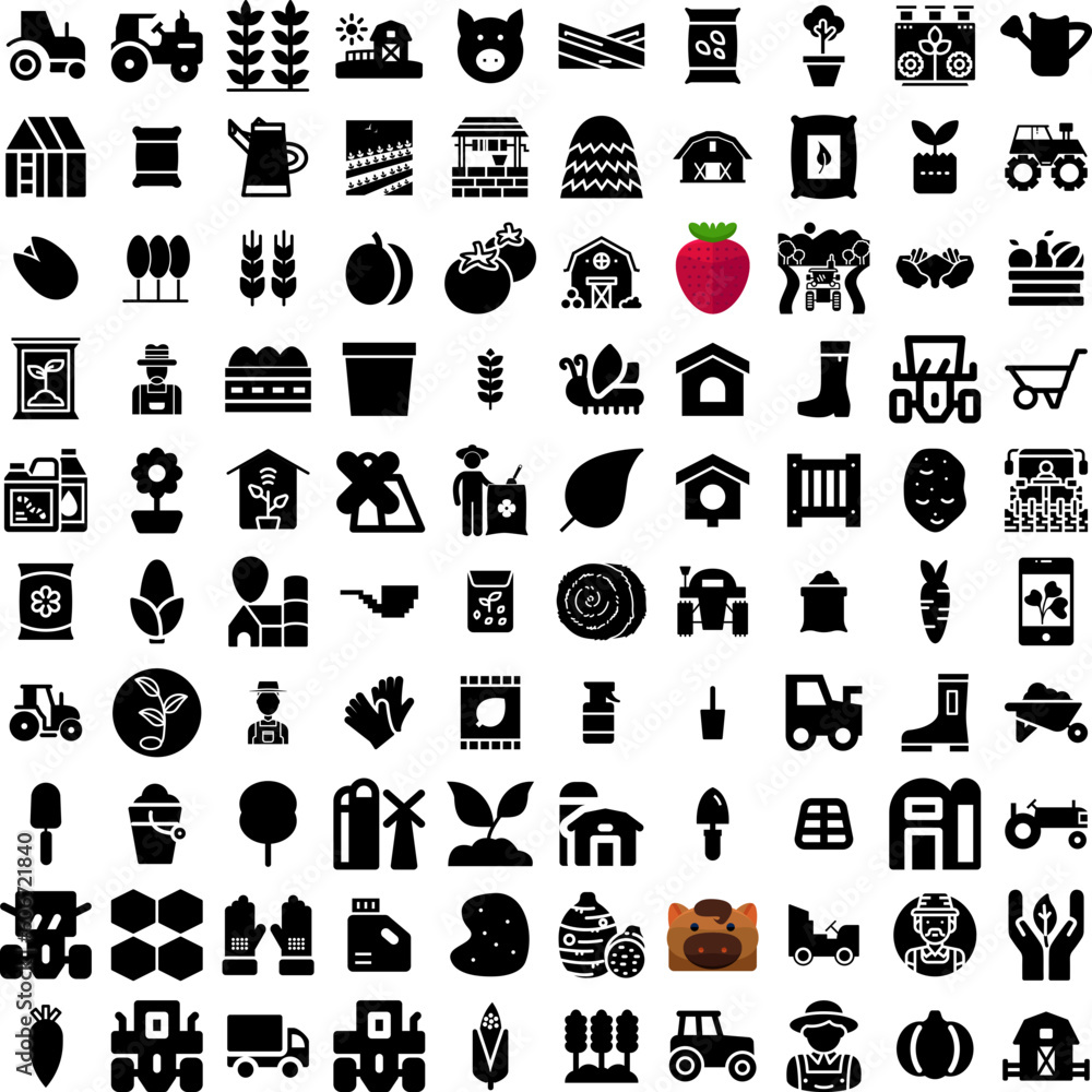 Collection Of 100 Agriculture Icons Set Isolated Solid Silhouette Icons Including Agricultural, Plant, Nature, Farm, Industry, Field, Agriculture Infographic Elements Vector Illustration Logo
