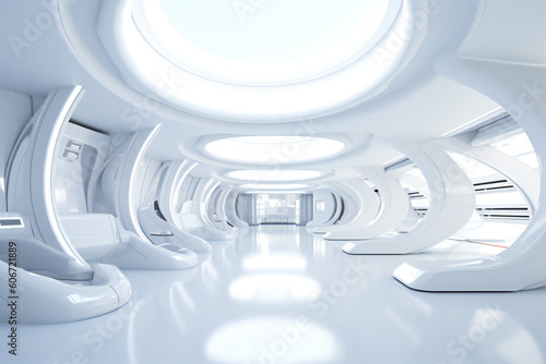 Smooth clean white futuristic interior, science fiction lab or space ship. Created with Generative AI technology. © Adrian Grosu