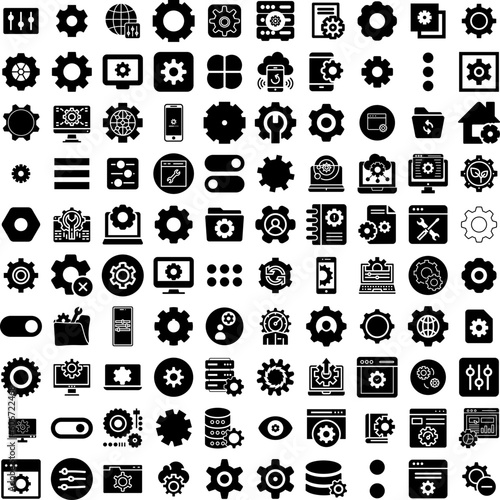 Collection Of 100 Configuration Icons Set Isolated Solid Silhouette Icons Including Configuration, System, Computer, Service, Icon, Work, Technology Infographic Elements Vector Illustration Logo