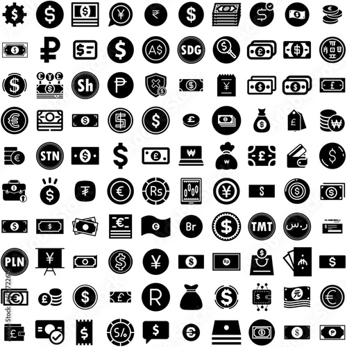 Collection Of 100 Currency Icons Set Isolated Solid Silhouette Icons Including Currency, Payment, Business, Money, Finance, Cash, Exchange Infographic Elements Vector Illustration Logo