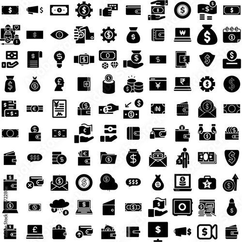 Collection Of 100 Earning Icons Set Isolated Solid Silhouette Icons Including Money, Earn, Business, Finance, Cash, Concept, Investment Infographic Elements Vector Illustration Logo