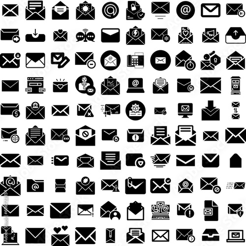 Collection Of 100 Email Icons Set Isolated Solid Silhouette Icons Including Web, Internet, Vector, Mail, Email, Message, Communication Infographic Elements Vector Illustration Logo