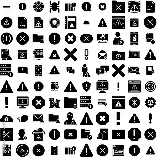 Collection Of 100 Error Icons Set Isolated Solid Silhouette Icons Including Error, Warning, Alert, Message, Icon, Web, Problem Infographic Elements Vector Illustration Logo