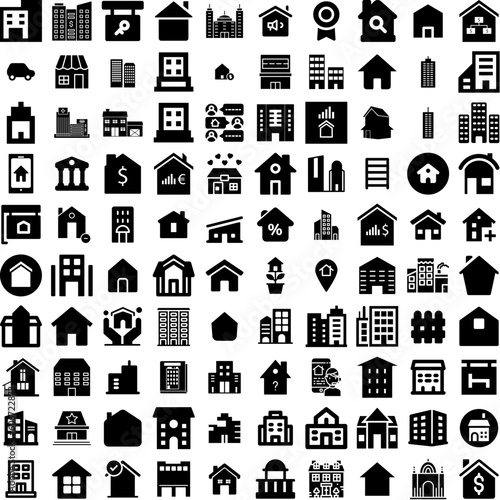 Collection Of 100 Estate Icons Set Isolated Solid Silhouette Icons Including Property, Real, Investment, Estate, House, Business, Home Infographic Elements Vector Illustration Logo