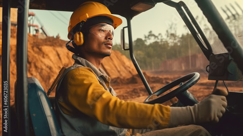 The driver in the cab of a bulldozer in a quarry. Generative AI