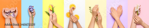 Foto Set of female hands with beautiful manicure on color background, top view
