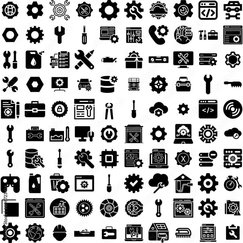 Collection Of 100 Maintenance Icons Set Isolated Solid Silhouette Icons Including Maintenance, Technology, Repair, Service, Support, Work, Construction Infographic Elements Vector Illustration Logo