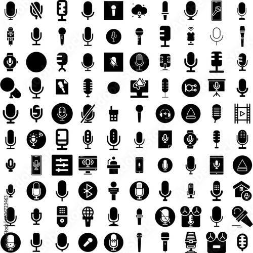 Collection Of 100 Microphone Icons Set Isolated Solid Silhouette Icons Including Audio, Mic, Sound, Microphone, Entertainment, Communication, Music Infographic Elements Vector Illustration Logo