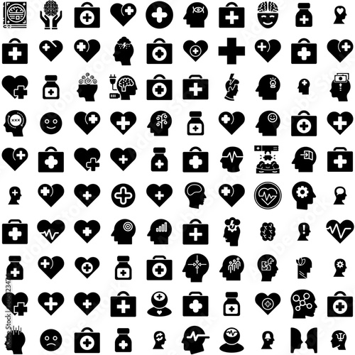 Collection Of 100 Mental Icons Set Isolated Solid Silhouette Icons Including Mind, People, Mental, Therapy, Health, Care, Concept Infographic Elements Vector Illustration Logo