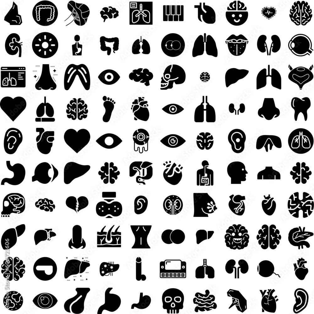 Collection Of 100 Organ Icons Set Isolated Solid Silhouette Icons Including Organ, Body, Medical, Medicine, Heart, Health, Internal Infographic Elements Vector Illustration Logo