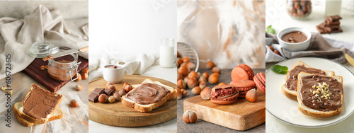 Collage of delicious chocolate desserts with hazelnuts on grunge background