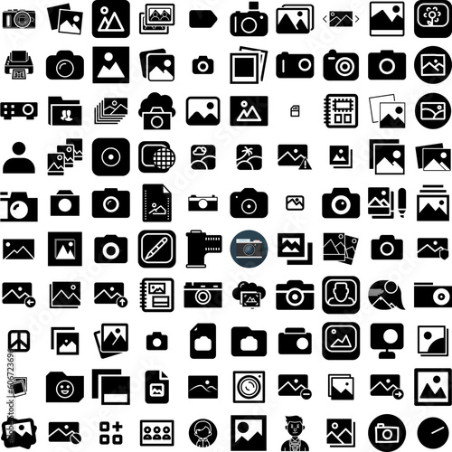 Collection Of 100 Photos Icons Set Isolated Solid Silhouette Icons Including Design, Blank, Paper, Frame, Picture, Retro, Photo Infographic Elements Vector Illustration Logo