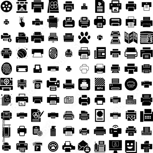 Fototapeta Naklejka Na Ścianę i Meble -  Collection Of 100 Print Icons Set Isolated Solid Silhouette Icons Including Vector, Black, Print, Illustration, Design, Animal, White Infographic Elements Vector Illustration Logo