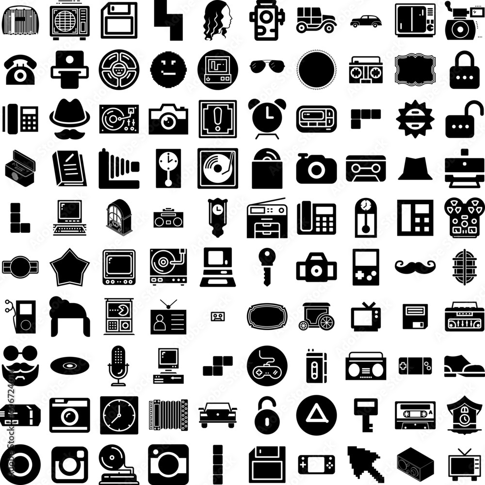 Collection Of 100 Retro Icons Set Isolated Solid Silhouette Icons Including Vector, Background, Illustration, Retro, Design, Abstract, Vintage Infographic Elements Vector Illustration Logo