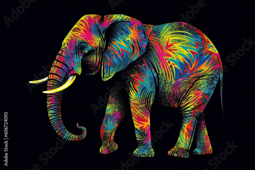 Neon image of an adult African elephant with an ornament. Generative AI illustration.
