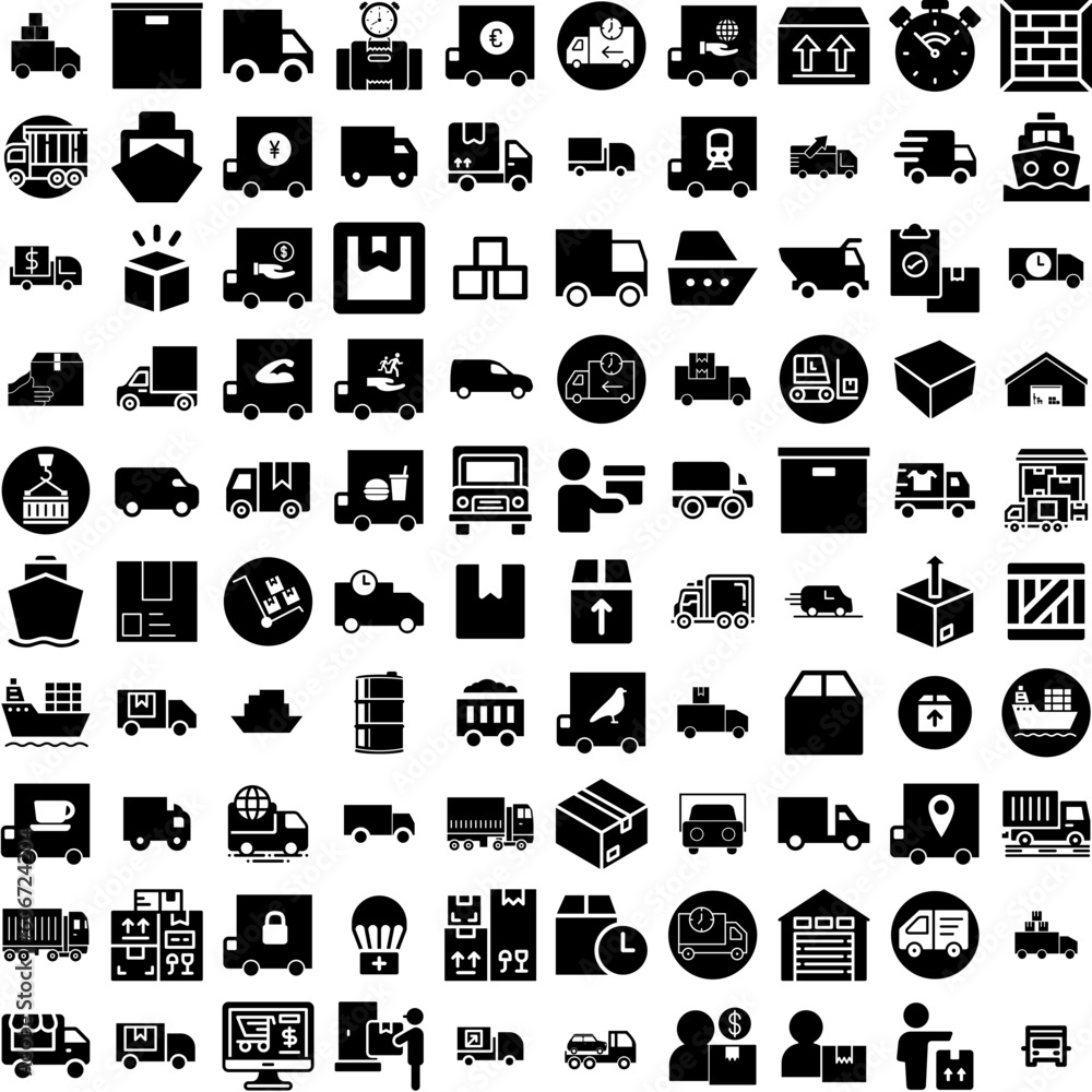 Collection Of 100 Shipment Icons Set Isolated Solid Silhouette Icons Including Transportation, Delivery, Shipment, Package, Cargo, Box, Shipping Infographic Elements Vector Illustration Logo