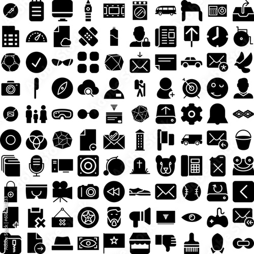 Fototapeta Naklejka Na Ścianę i Meble -  Collection Of 100 Solid Icons Set Isolated Solid Silhouette Icons Including Illustration, Symbol, Icon, Vector, Business, Collection, Set Infographic Elements Vector Illustration Logo