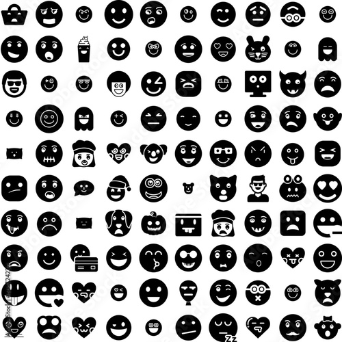 Collection Of 100 Smiley Icons Set Isolated Solid Silhouette Icons Including Icon, Smile, Symbol, Face, Happy, Smiley, Vector Infographic Elements Vector Illustration Logo