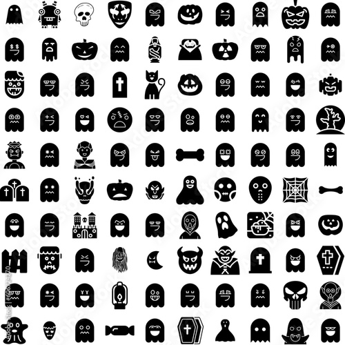 Collection Of 100 Spooky Icons Set Isolated Solid Silhouette Icons Including Night, Background, Scary, Dark, Halloween, Spooky, Horror Infographic Elements Vector Illustration Logo