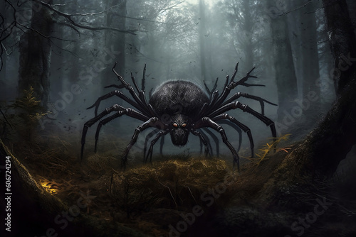 scary giant fantasy spider in dark forest