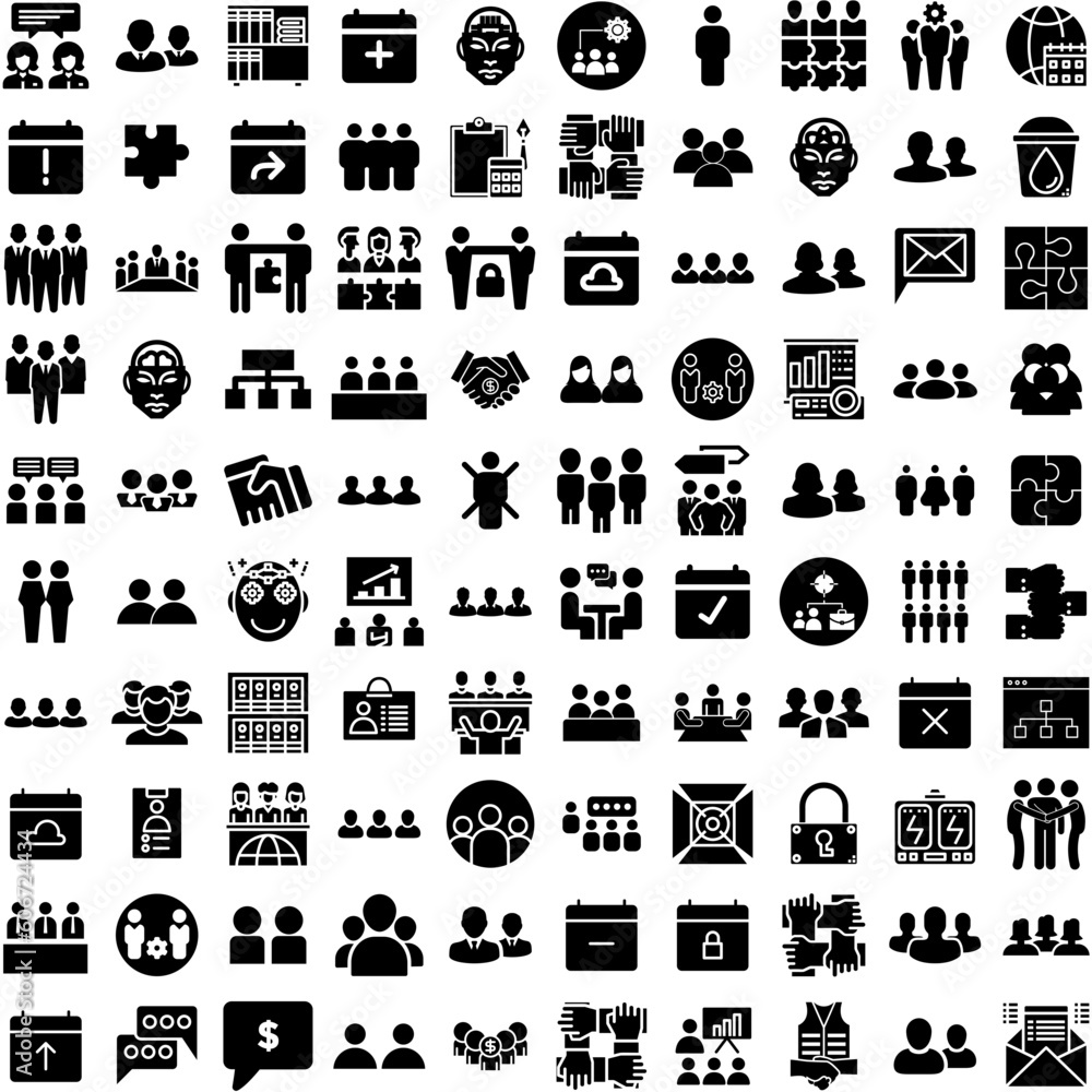 Collection Of 100 Teamwork Icons Set Isolated Solid Silhouette Icons Including Teamwork, Team, Cooperation, Business, Unity, People, Success Infographic Elements Vector Illustration Logo