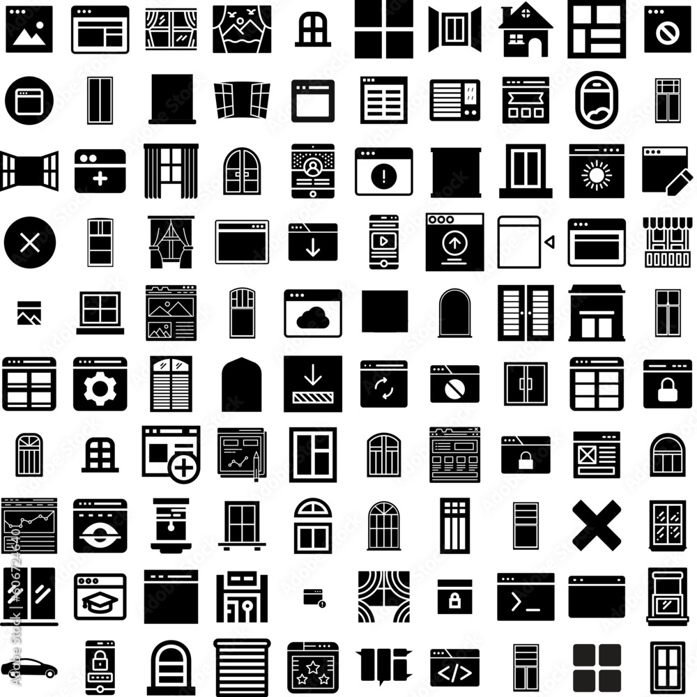 Collection Of 100 Window Icons Set Isolated Solid Silhouette Icons ...
