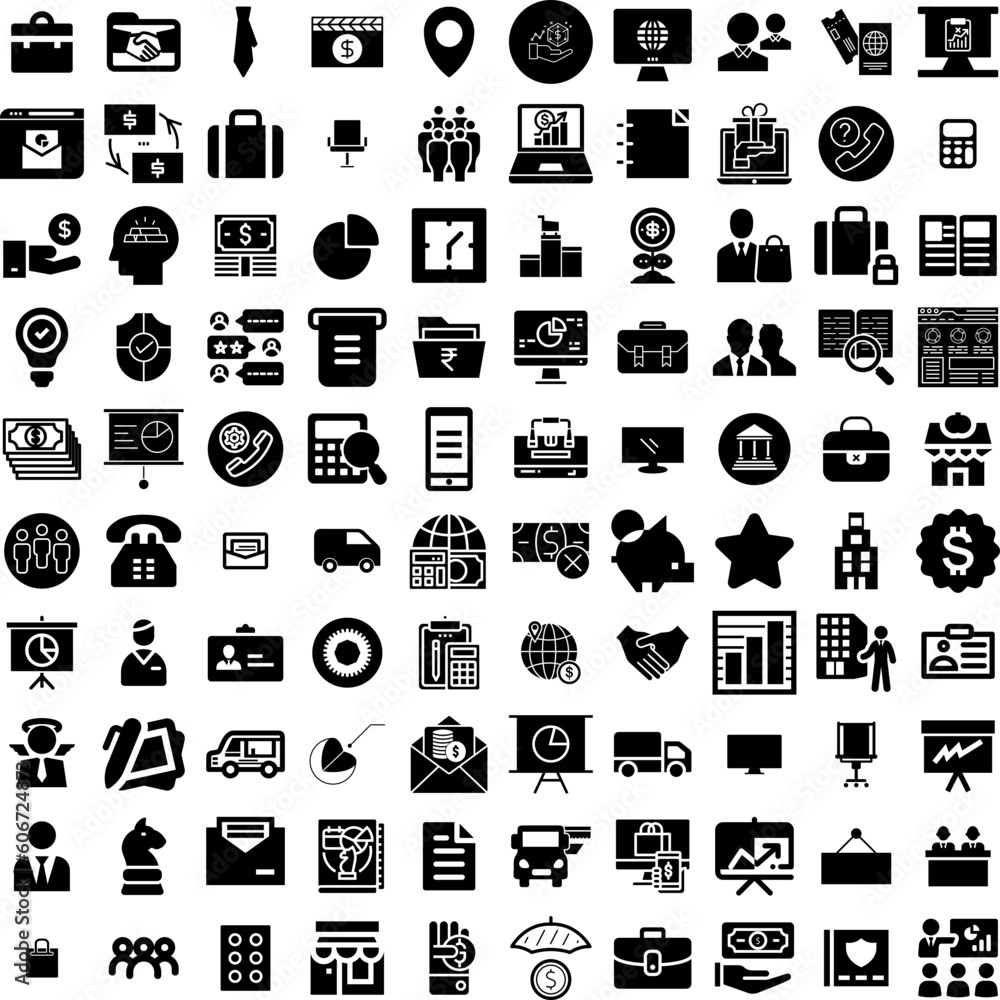 Collection Of 100 Business Icons Set Isolated Solid Silhouette Icons Including Business, Communication, Office, Corporate, Teamwork, Success, Technology Infographic Elements Vector Illustration Logo
