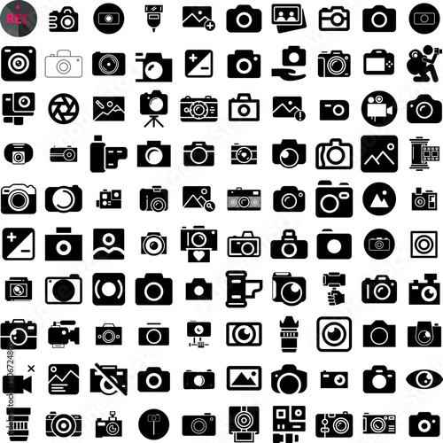 Collection Of 100 Photography Icons Set Isolated Solid Silhouette Icons Including Photography, Camera, Equipment, Photographer, Photo, Technology, Lens Infographic Elements Vector Illustration Logo