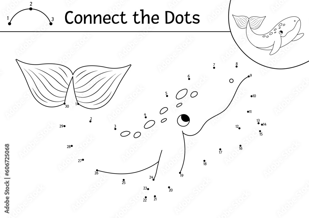 Vector dot-to-dot and color activity with cute whale. Under the sea ...