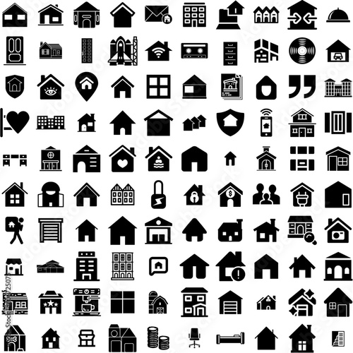 Collection Of 100 House Icons Set Isolated Solid Silhouette Icons Including Building, Residential, Property, Architecture, House, Home, Estate Infographic Elements Vector Illustration Logo