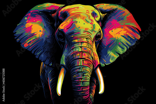 Elephant. Elephant head with multicolored ornament. Generative AI illustration. Isolated on a black background.