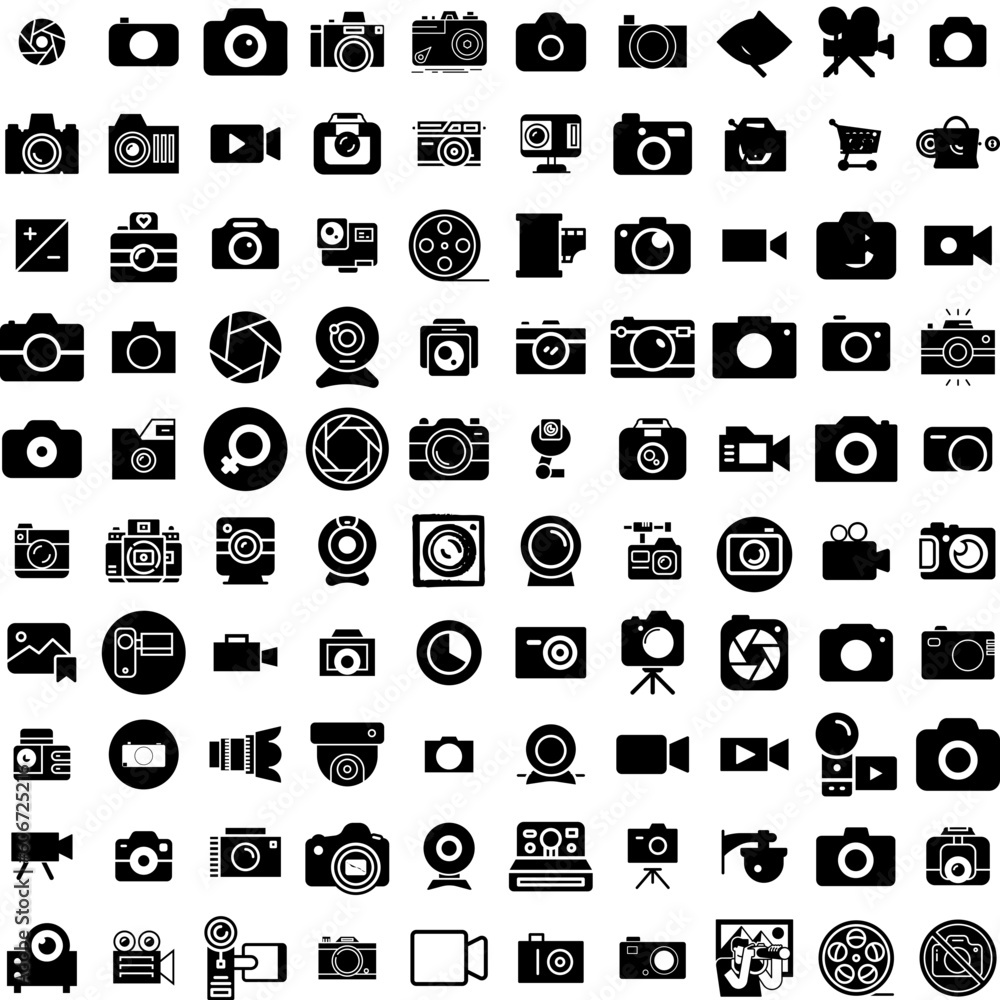 Collection Of 100 Camera Icons Set Isolated Solid Silhouette Icons Including Equipment, Photography, Illustration, Camera, Digital, Lens, Photo Infographic Elements Vector Illustration Logo