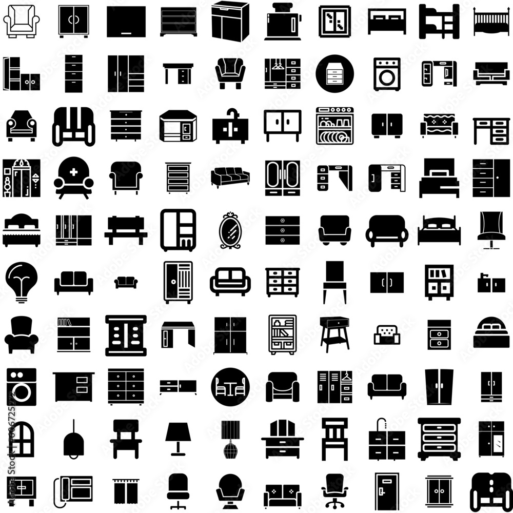 Collection Of 100 Furniture Icons Set Isolated Solid Silhouette Icons Including Living, Design, Furniture, Room, Table, Interior, Home Infographic Elements Vector Illustration Logo
