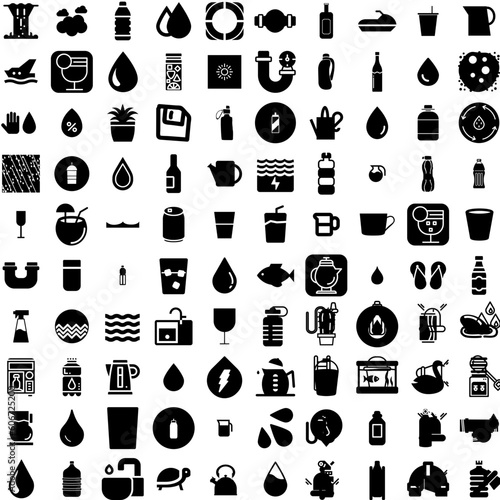 Collection Of 100 Water Icons Set Isolated Solid Silhouette Icons Including Liquid, Clean, Water, Nature, Background, Transparent, Blue Infographic Elements Vector Illustration Logo