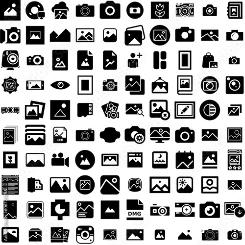Collection Of 100 Image Icons Set Isolated Solid Silhouette Icons Including Design, Picture, Vector, Image, Photo, Web, Frame Infographic Elements Vector Illustration Logo