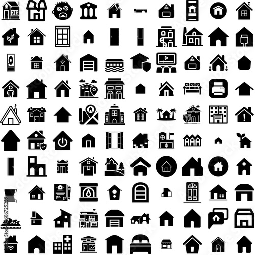 Collection Of 100 House Icons Set Isolated Solid Silhouette Icons Including Building, Architecture, Residential, House, Estate, Home, Property Infographic Elements Vector Illustration Logo