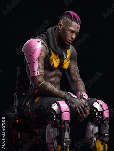 cyberpunk man with android implants, isolated background, black, yellow pink colors, generative ai