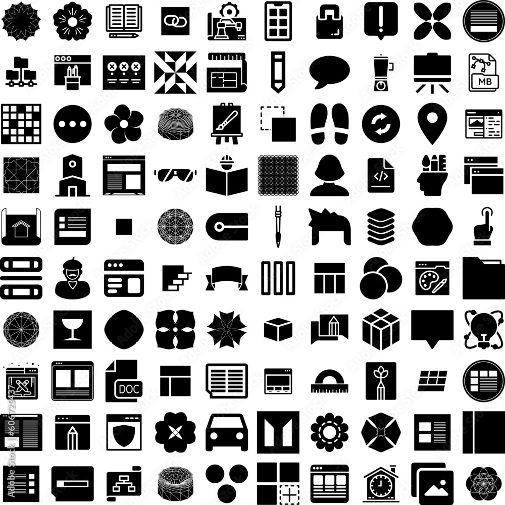 Collection Of 100 Design Icons Set Isolated Solid Silhouette Icons Including Template, Illustration, Design, Graphic, Modern, Vector, Banner Infographic Elements Vector Illustration Logo
