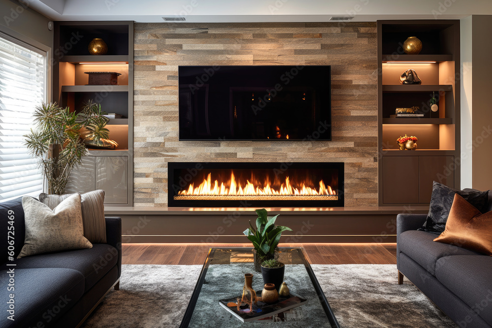 front view of a gas fireplace with a tv on top, a built-in library on ...
