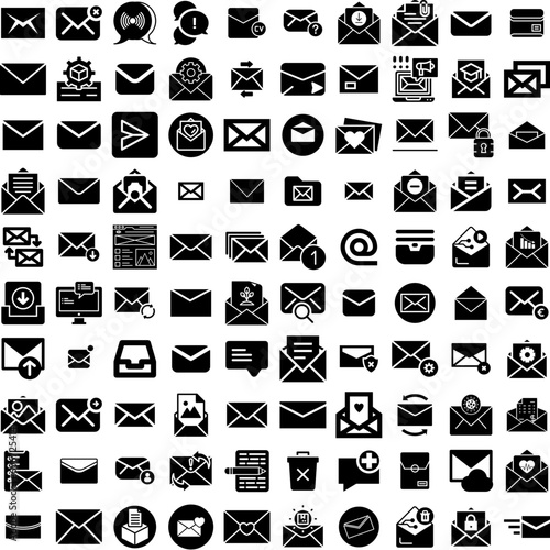 Collection Of 100 Email Icons Set Isolated Solid Silhouette Icons Including Vector, Communication, Message, Internet, Mail, Email, Web Infographic Elements Vector Illustration Logo