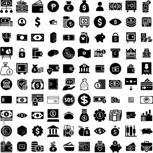 Collection Of 100 Money Icons Set Isolated Solid Silhouette Icons Including Money, Currency, Payment, Finance, Business, Dollar, Cash Infographic Elements Vector Illustration Logo